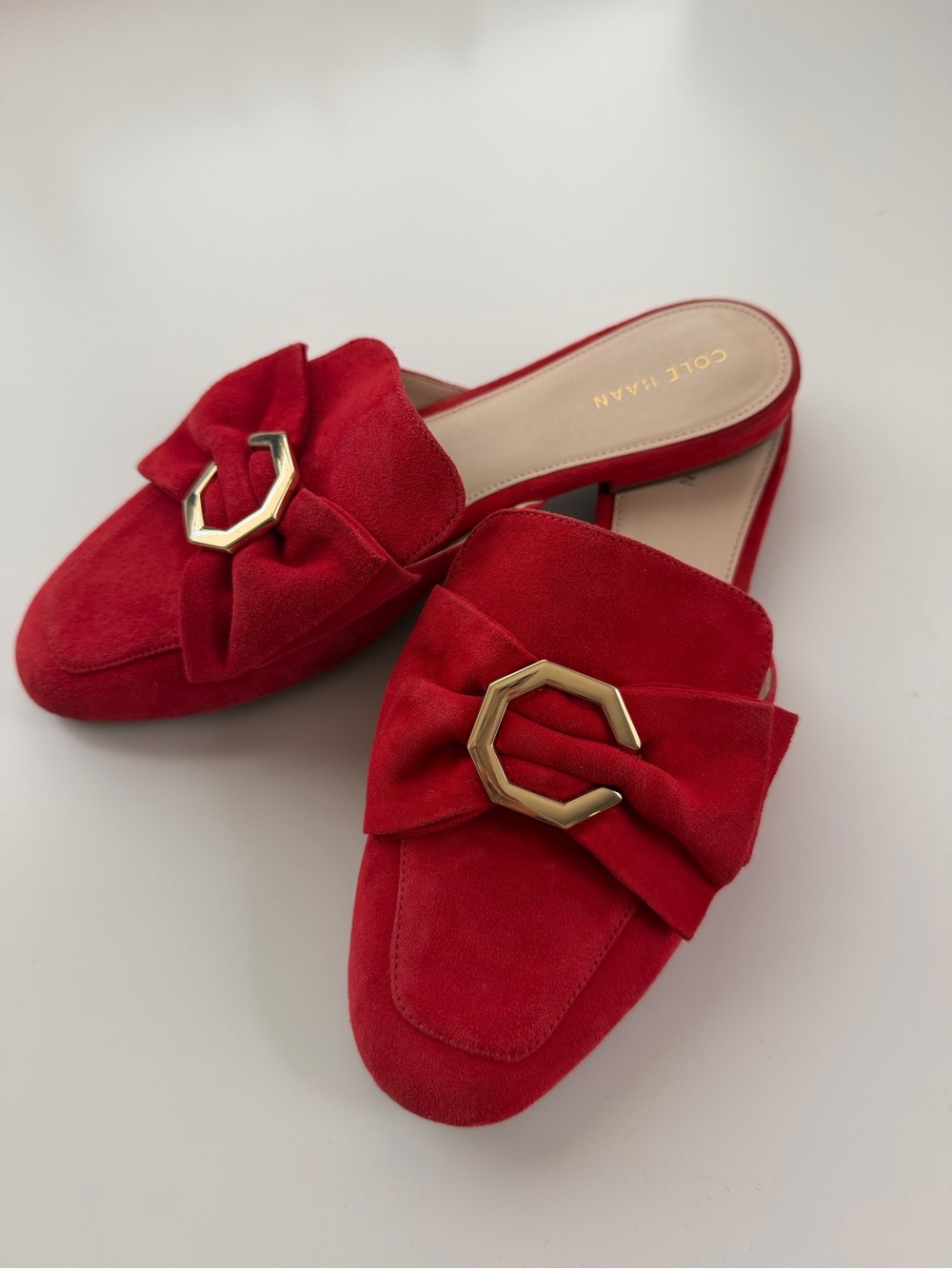 Cole Haan Red Suede Bow Mules with Gold Hex Buckle
